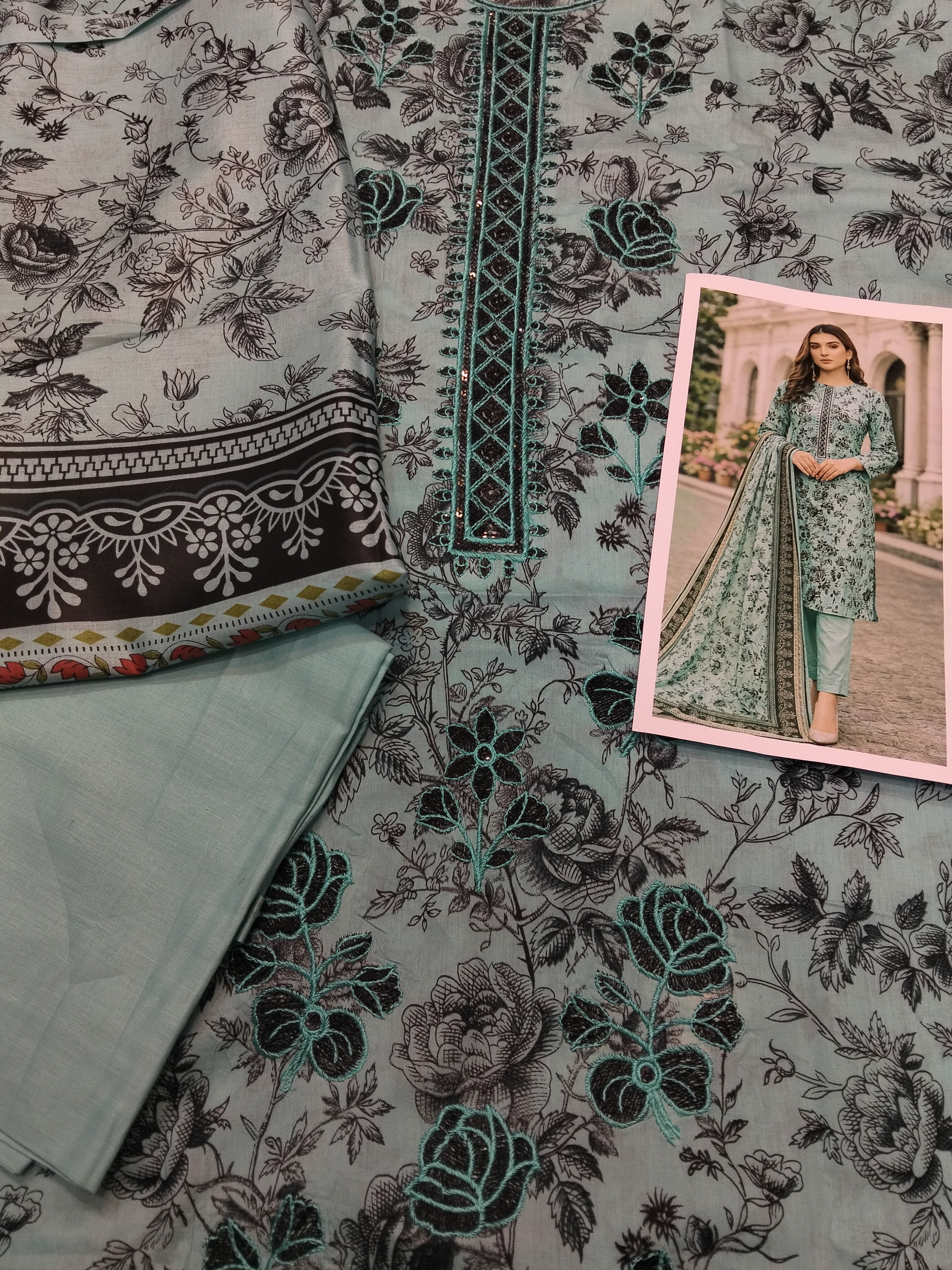 3PC SKY BLUE BUY LAWN NECK EMBROIDERY