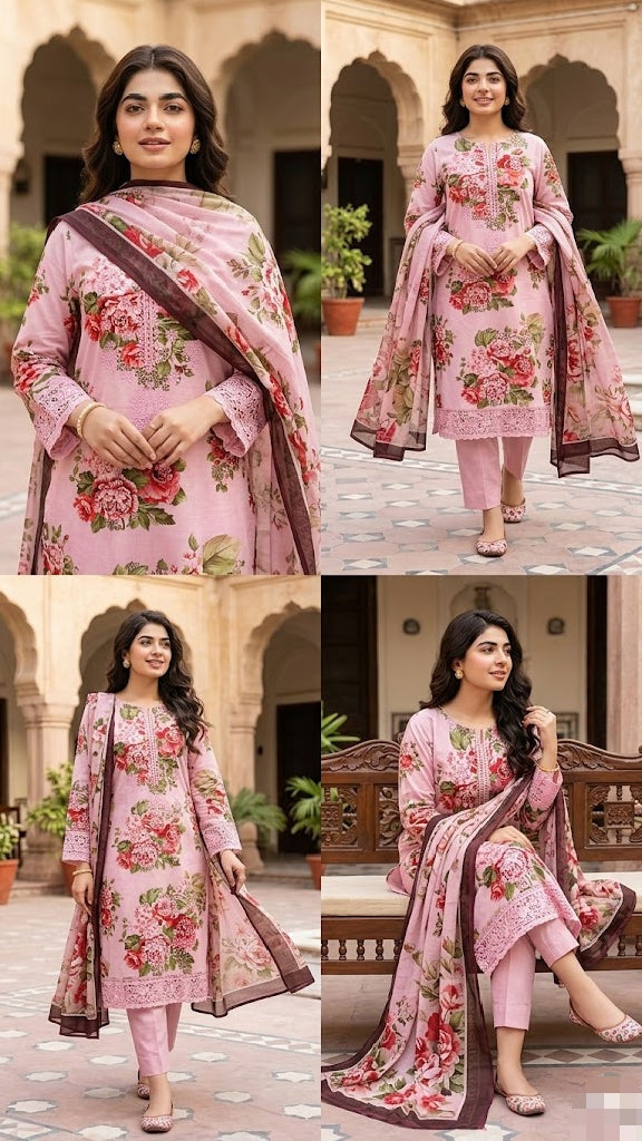 3PC smooth baby pink printed lawn