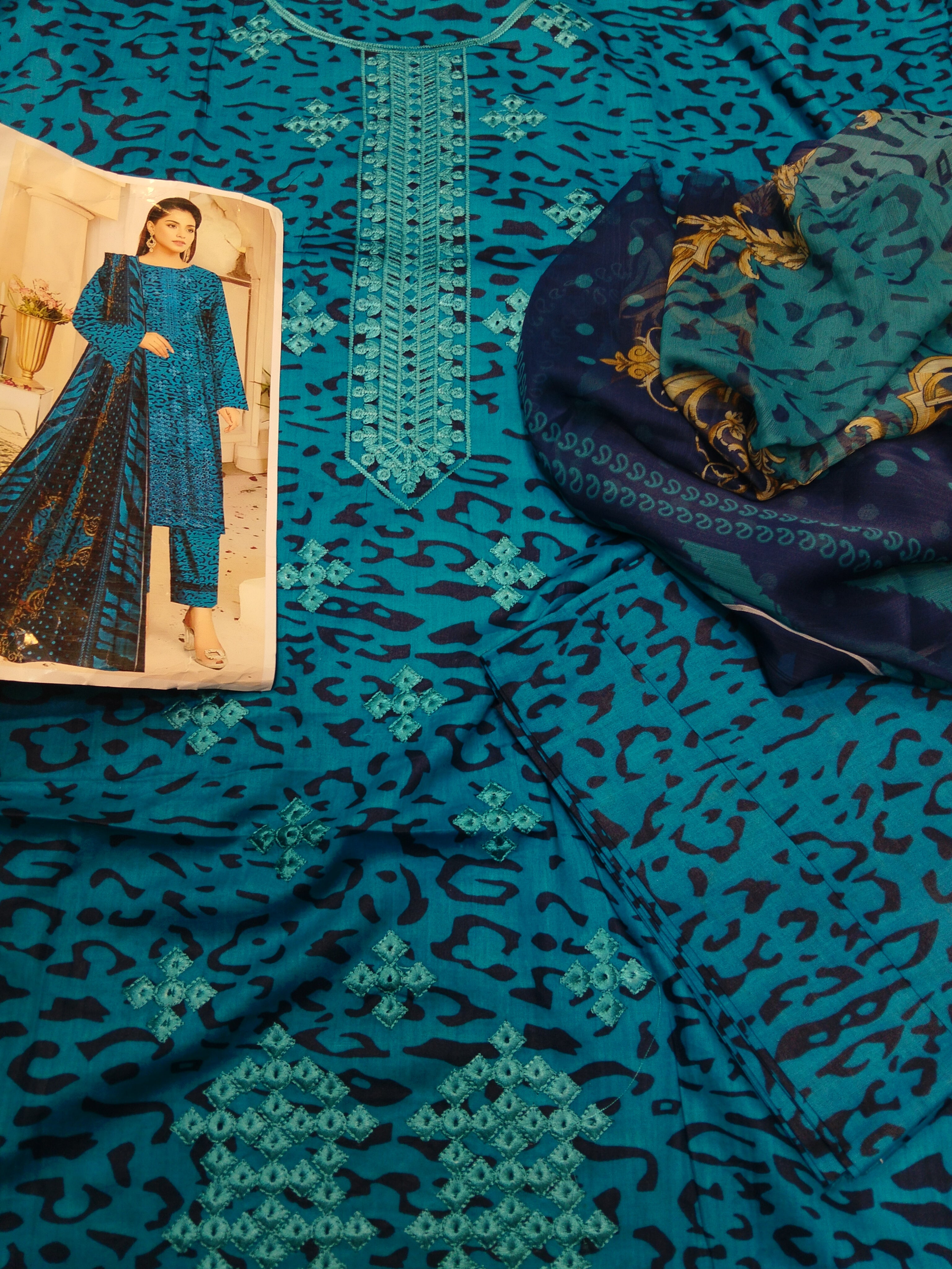 3PC BLUE TIGER LAWN NECK EMBROIDERY