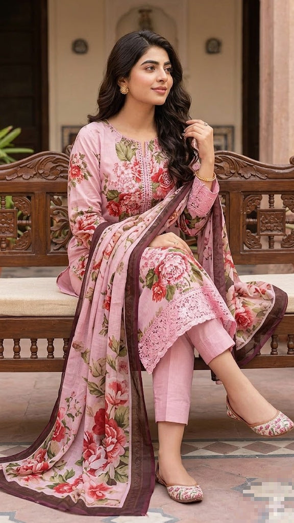 3PC smooth baby pink printed lawn