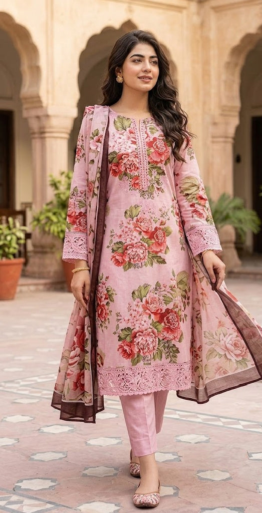 3PC smooth baby pink printed lawn