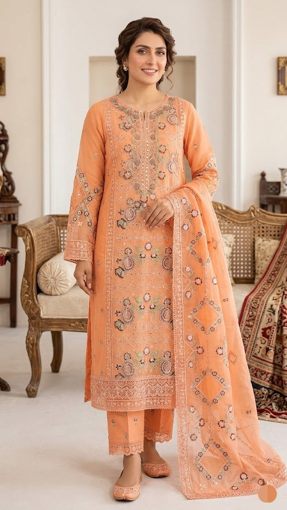 3PC chicken Kari with two side pallu dupatta